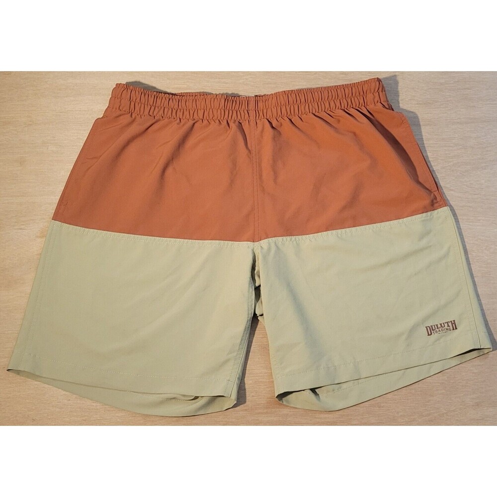 Duluth Trading Co Size XL Pier Genius Men's Lined Swim Trunks Color Orange Khaki